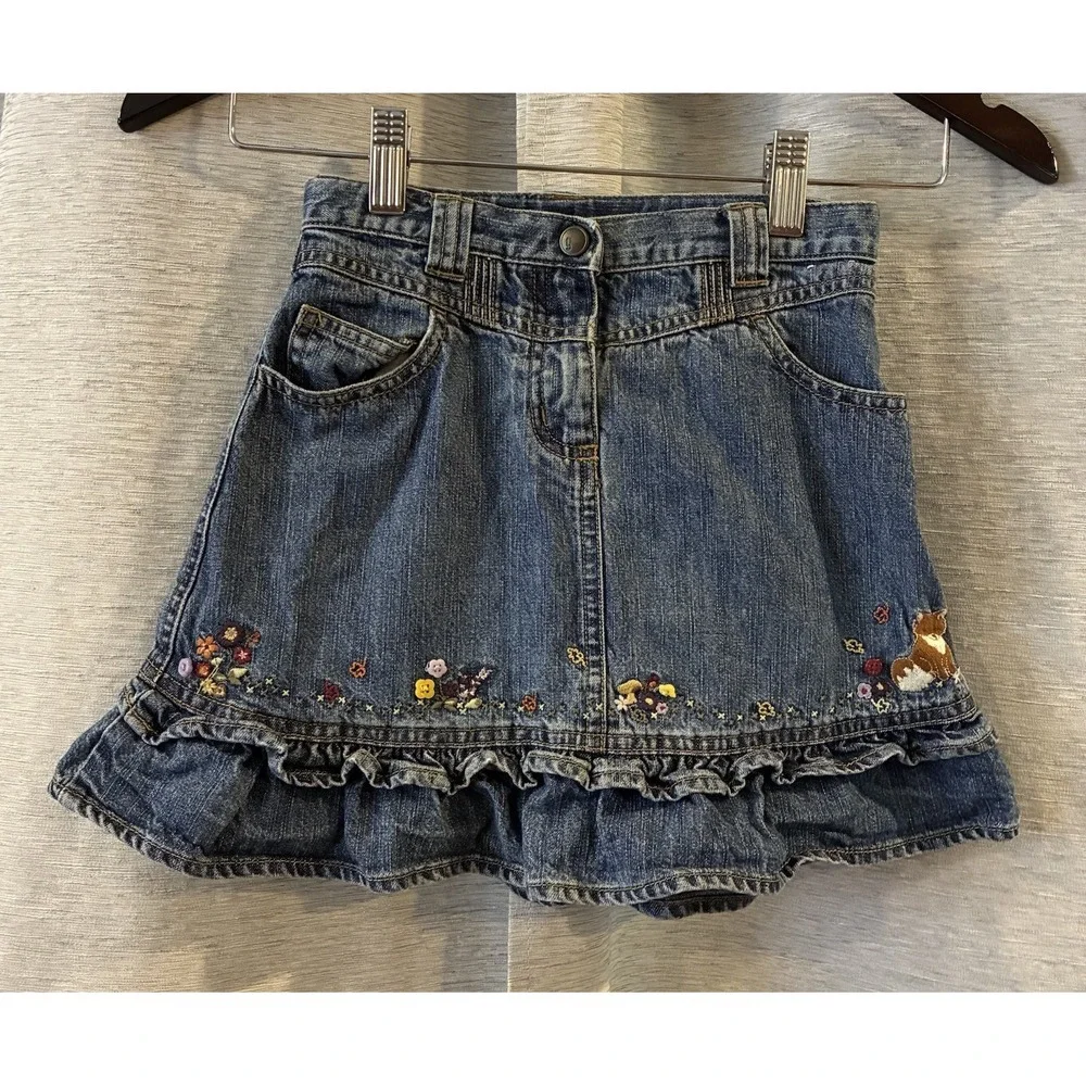 Vintage Gymboree Embroidered Denim Skirt Youth Size 7 Floral Animal‎